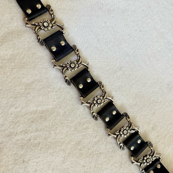Black Leather & Pewter adjustable belt floral crystals heavier statement piece - Picture 2 of 9